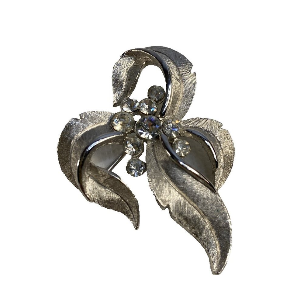 Vtg Crown Trifari Brooch Pin SilverTone Filigree Leaves Lucite Rhinestone Signed